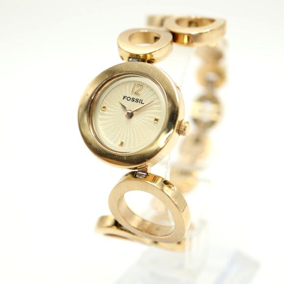 Fossil Gold Tone 25mm Textured Dial Watch Circle Link Bracelet with New Battery - Picture 1 of 14